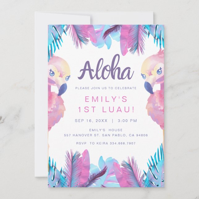 Invitation Tropical Aloha Flamant 1er Luau Anniversaire (Devant)