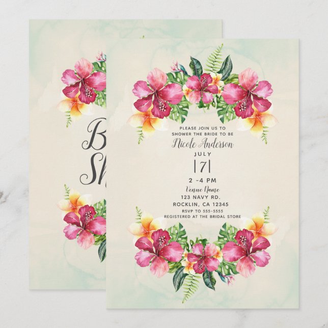 Invitation Tropical Aloha Fleurs Botanical Réception de Maria (Devant / Derrière)