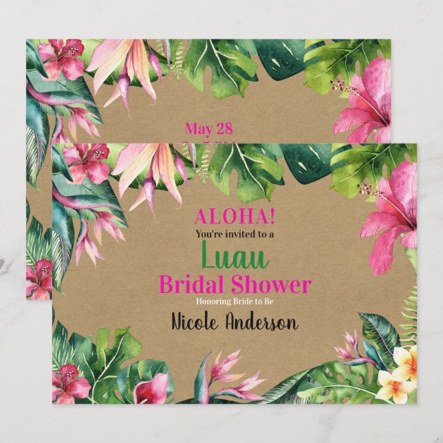 Invitation Tropical Aloha Fleurs Luau Kraft Shower de Mariage (Devant / Derrière)