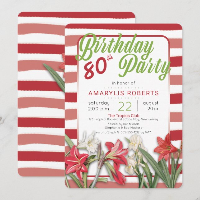 Invitation Tropical Amaryllis rayé 80e fête d'anniversaire (Devant / Derrière)