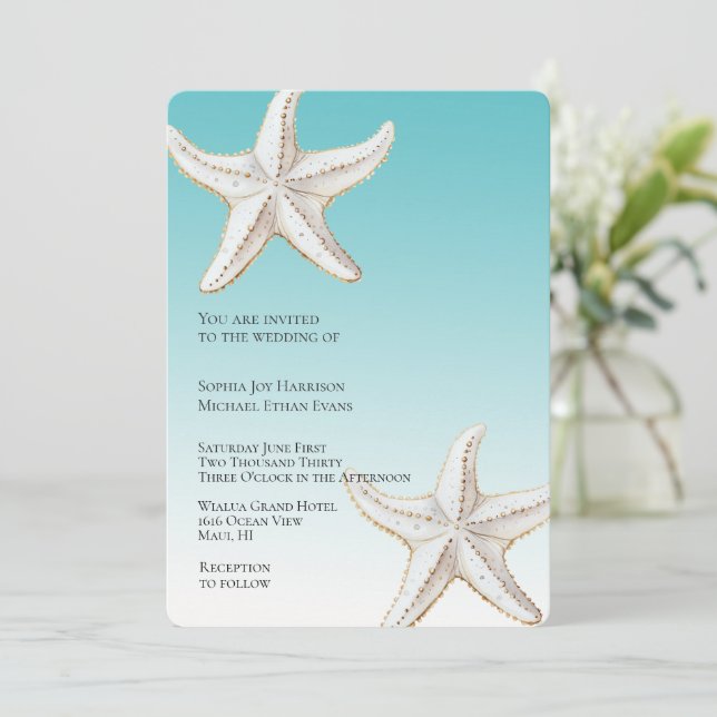 Invitation Tropical Aqua Gold White Starfish Beach Wedding (Debout devant)