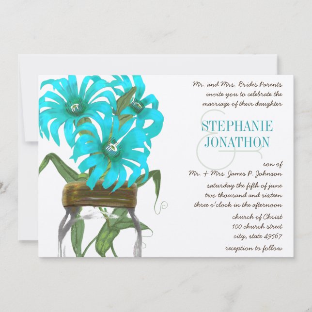 Invitation Tropical Aqua Mason Jar Exotic Flower Wedding (Devant)