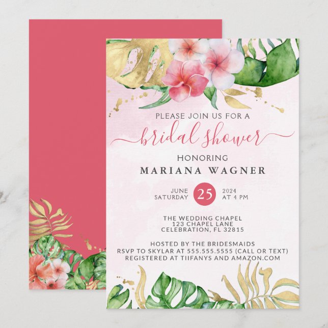 Invitation Tropical aquarelle floral Baby Shower de mariage (Devant / Derrière)