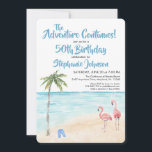 Invitation Tropical Beach Adventure 50th Birthday Party Blue<br><div class="desc">Tropical Beach Adventure 50th Birthday Party Blue Invitations. Watercolor plage océan scène avec "L'aventure continue" 50e anniversaire design de célébration. Parfait pour la fille d'anniversaire qui aime la plage, l'océan et l'aventure et veut célébrer l'aventure continue! Le design est une aquarelle à thème bleu avec une jolie plage de sable,...</div>
