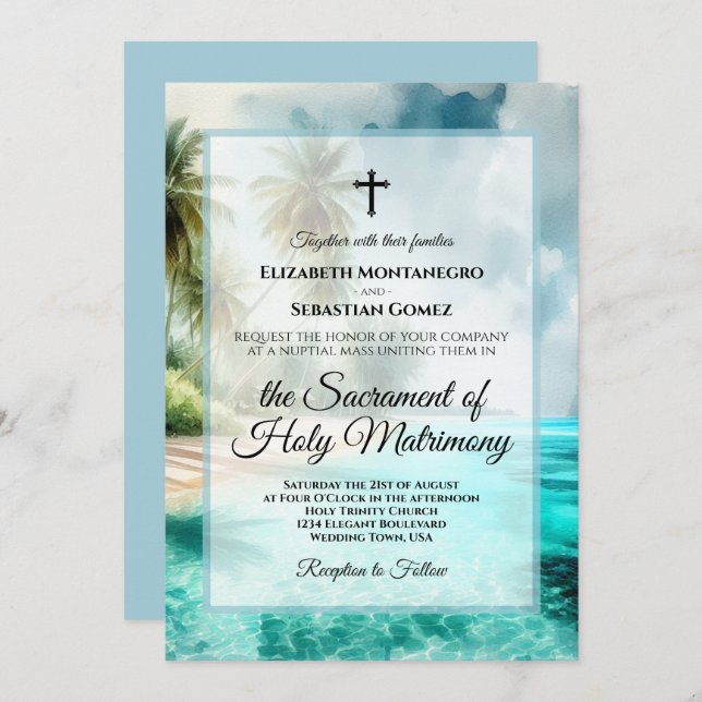 Invitation Tropical Beach Coastal Watercolor Catholic Wedding (Devant / Derrière)
