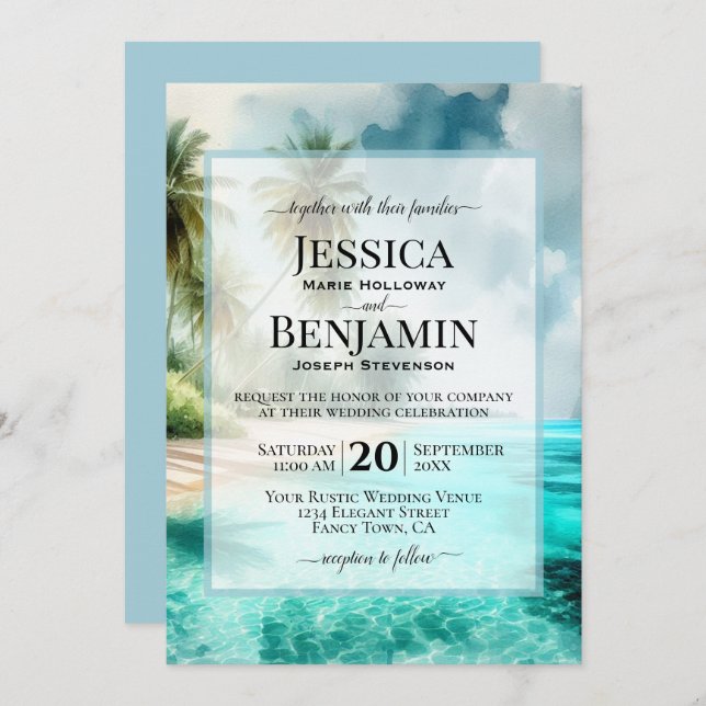 Invitation Tropical Beach Coastal Watercolor Stylish Wedding (Devant / Derrière)
