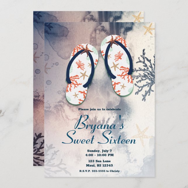 Invitation Tropical Beach Coral Flip Flops Sweet 16 Party (Devant / Derrière)