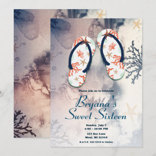 Invitation Tropical Beach Coral Flip Flops Sweet 16 Party