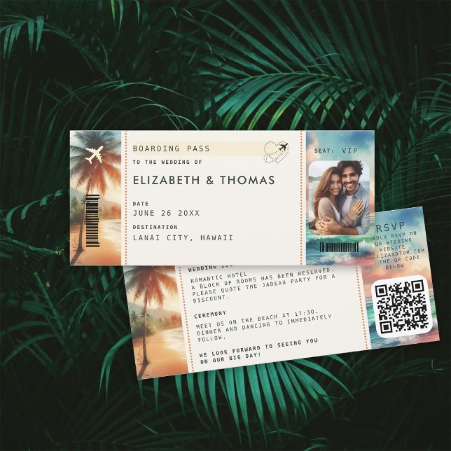 Invitation Tropical Beach Destination Boarding Pass Mariage (beach destination wedding invitation boarding pass qr code all in one tropical watercolor sunset)