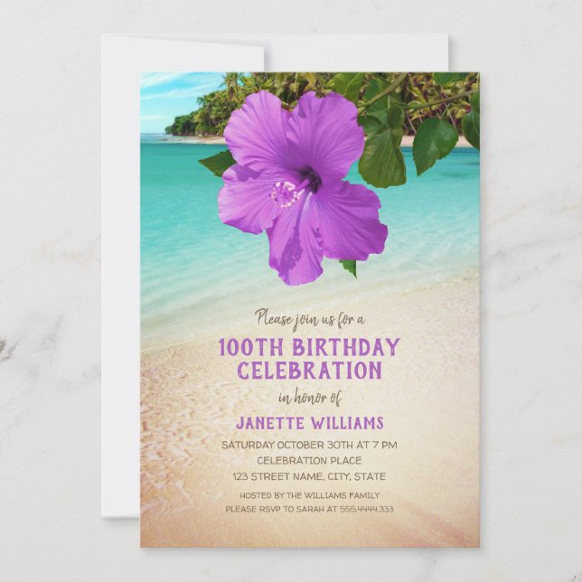 Invitation Tropical Beach Hawaiian Thème 100e anniversaire (Devant)