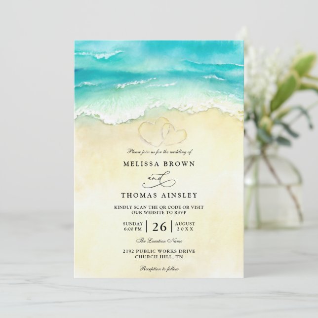 Invitation Tropical Beach Heart Watercolor QR Code Wedding (Debout devant)