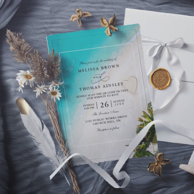 Invitation Tropical Beach Monogram Modern QR Code Wedding (Créateur téléchargé)
