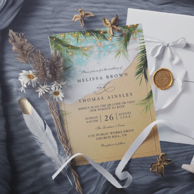 Invitation Tropical Beach Palm Lights Photo QR Code Wedding (Créateur téléchargé)