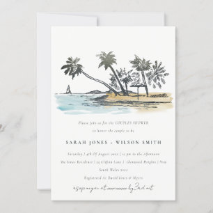 Invitation Tropical Beach Palm Tree Sketch Couples Douche