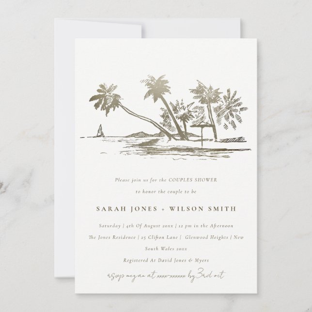 Invitation Tropical Beach Palm Tree Sketch Couples Douche (Devant)