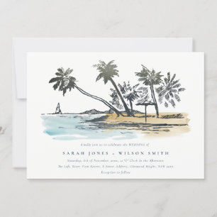 Invitation Tropical Beach Palm Tree Sketch Mariage d'aquarell