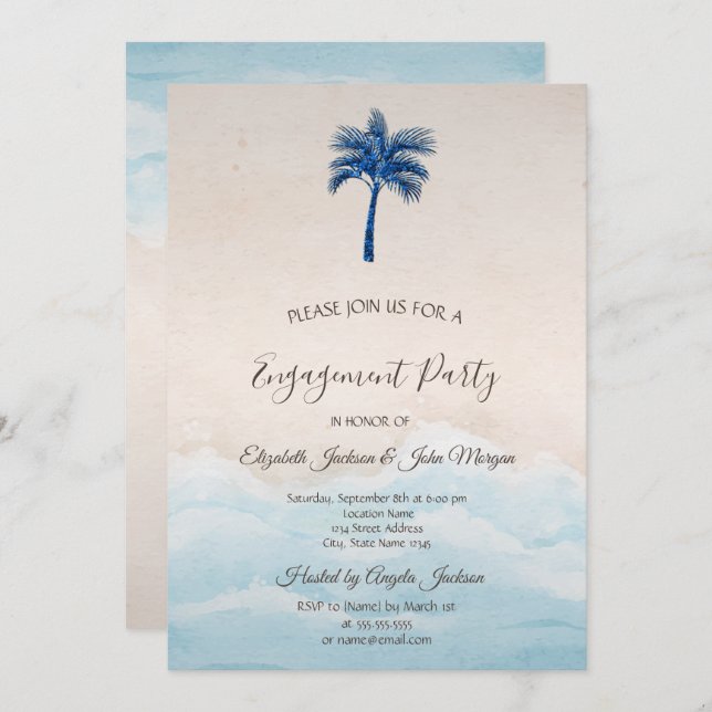 Invitation Tropical Beach Parties scintillant Palm Fiançaille (Devant / Derrière)
