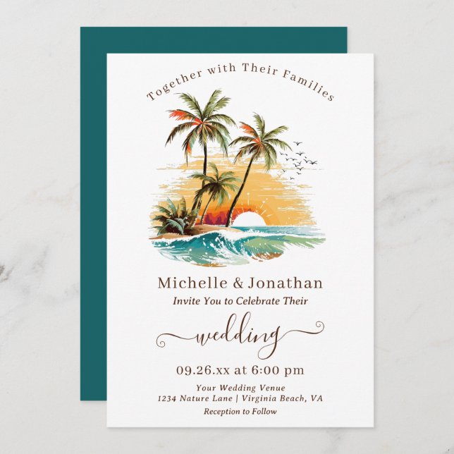Invitation Tropical Beach Sunset Destination Mariage (Devant / Derrière)