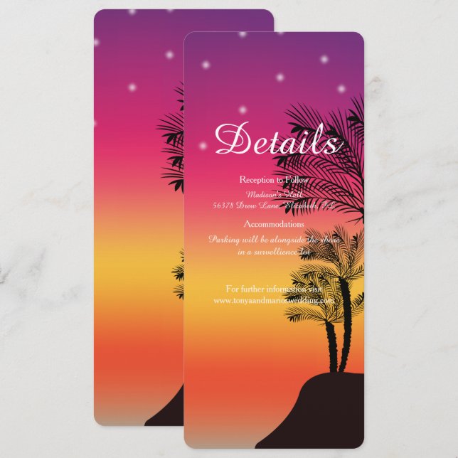 Invitation Tropical Beach Sunset Palm Tree DETAILS Mariage (Devant / Derrière)