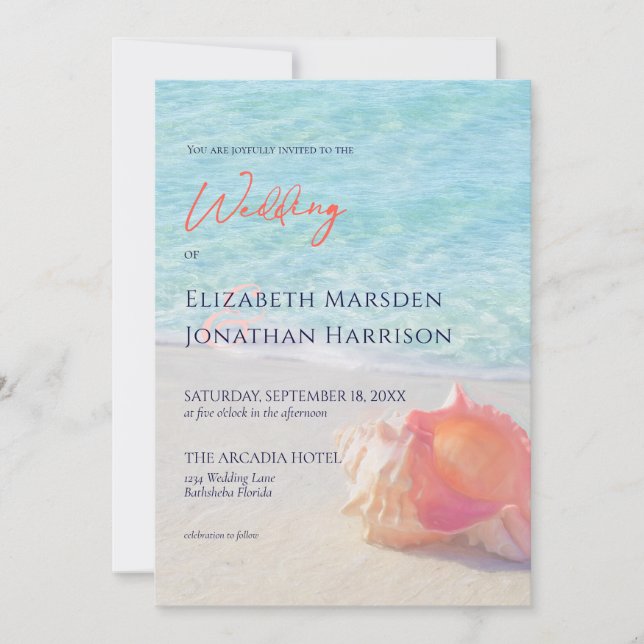 Invitation Tropical Beach Turquoise & Coral Conch Shell Maria (Devant)