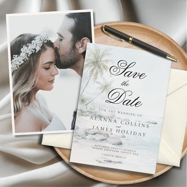 Invitation Tropical Beach Watercolor Photo Save the Date  (Beach-themed “Save the Date” card for Alanna Collins and James Holiday beside a wedding photo.)