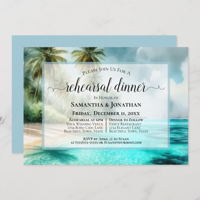 Invitation Tropical Beach Watercolor Wedding Rehearsal Dinner (Devant / Derrière)
