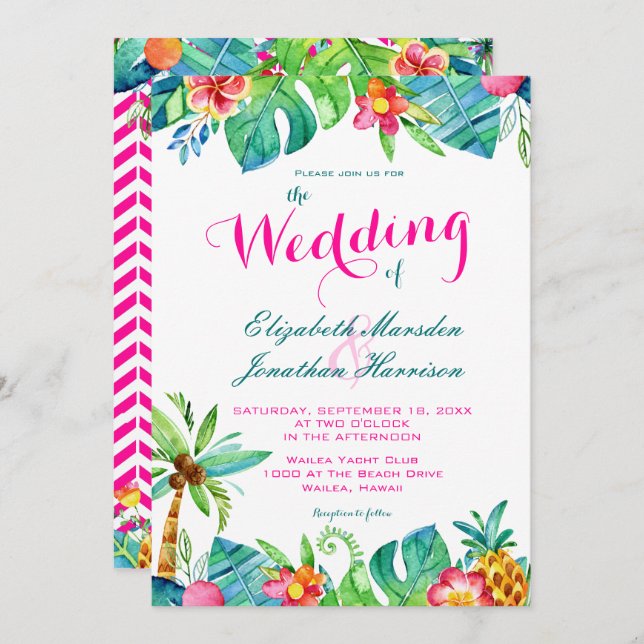 Invitation Tropical Berry rose Turquoise Floral Chevron Maria (Devant / Derrière)