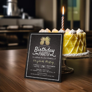 Invitation Tropical Birthday Party Chic Black Gold Ananas