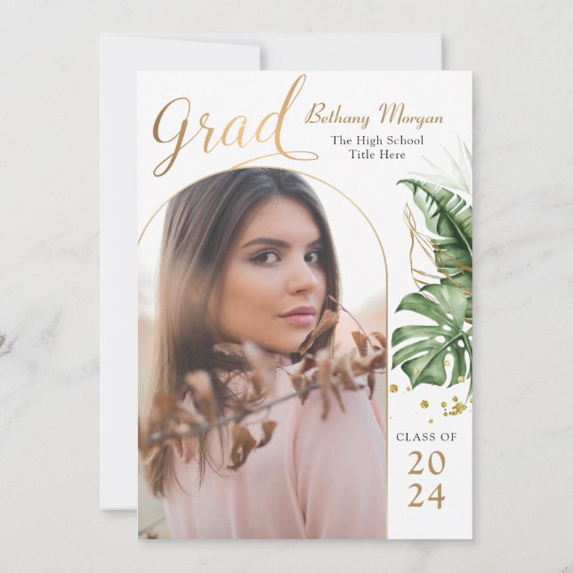 Invitation Tropical Black Gold Arch Photo Graduation Party (Dos)