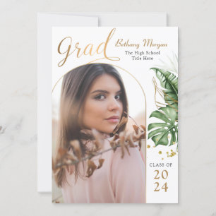 Invitation Tropical Black Gold Arch Photo Graduation Party