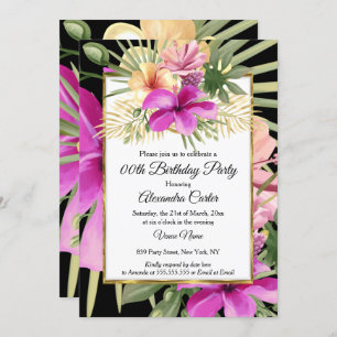 Invitation Tropical Black Purple Rose Hibiscus Floral Party
