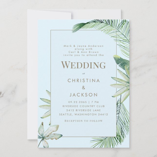 Invitation Tropical Bleu Glacé Verdure Deux Parents Mariage (Devant)