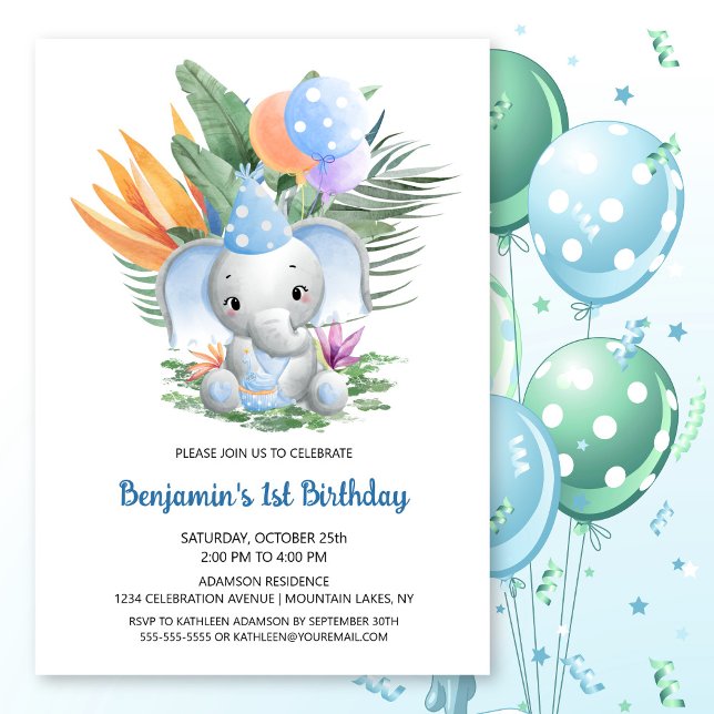 Invitation Tropical Blue Baby Elephant 1er anniversaire (Créateur téléchargé)