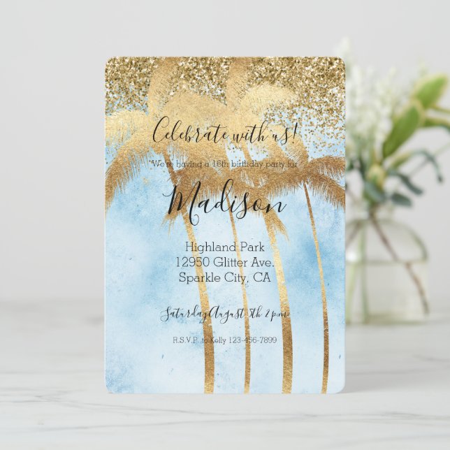 Invitation Tropical Blue Glitz Parties scintillant Gold Palm  (Debout devant)