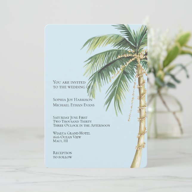 Invitation Tropical Blue Gold Glitzy Palm Tree Mariage (Debout devant)