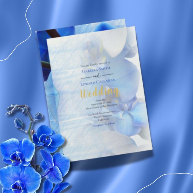 Invitation Tropical Blue Orchid Floral Gold Frame Mariage Inv (Créateur téléchargé)