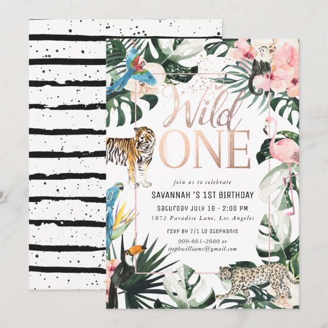 Invitation Tropical Chic | Anniversaire de la Pink Wild One (Devant / Derrière)