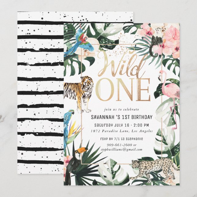 Invitation Tropical Chic | Gold Wild One Fête d'anniversaire (Devant / Derrière)