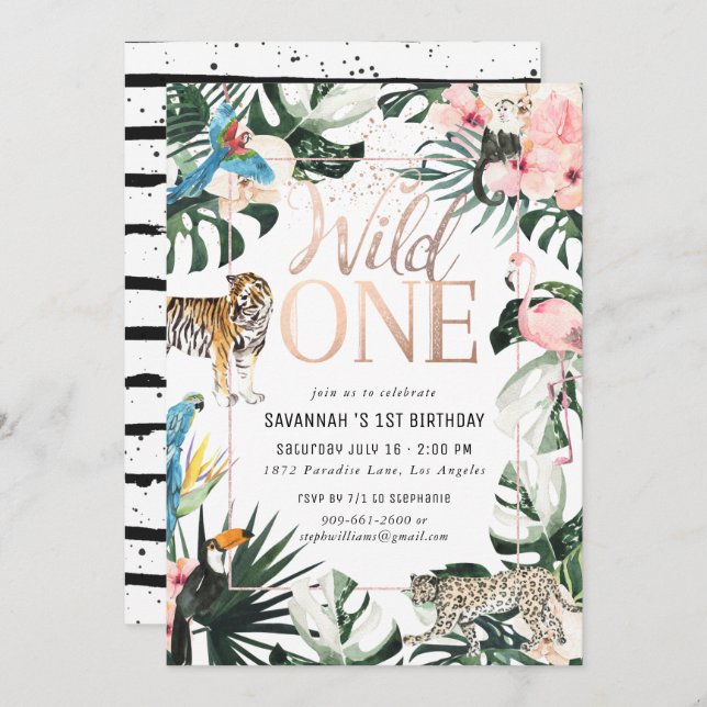 Invitation Tropical Chic | Pink Wild One Birthday Party (Devant / Derrière)