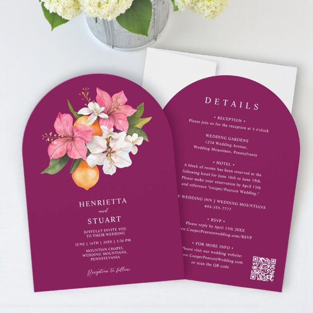 Invitation tropical citrus pink arched all in one wedding (Créateur téléchargé)