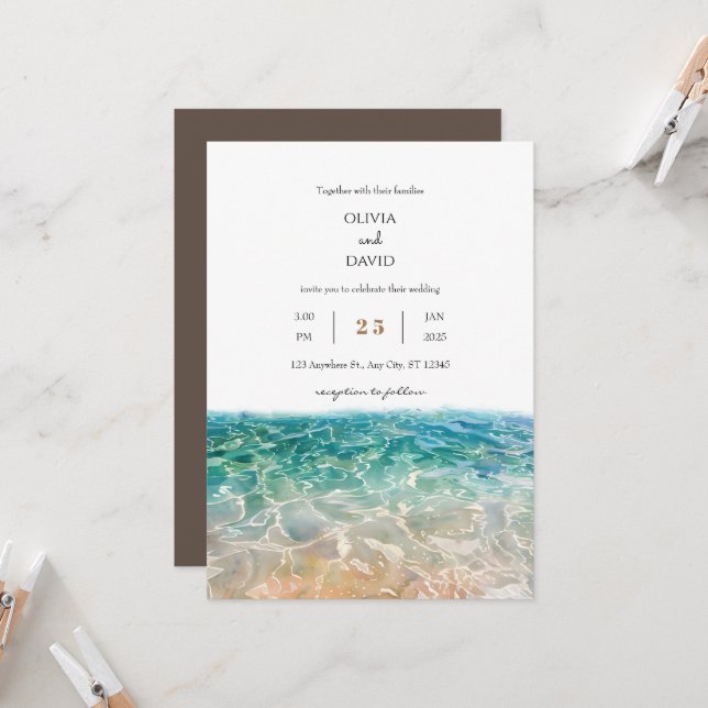 Invitation Tropical Crystal Clear Ocean Waves Beach Wedding (Devant/Arrière en situation)