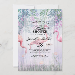 Invitation Tropical Cute Family Flamants roses Rose Aquarelle