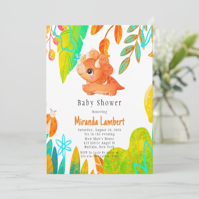 Invitation Tropical Cute Orange Dinosaur Baby shower Invitati (Debout devant)