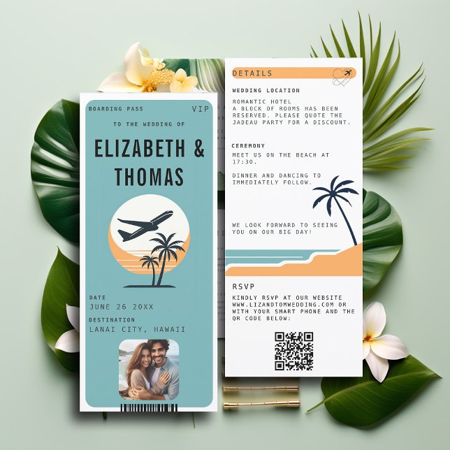 Invitation Tropical Destination Beach Mariage photo moderne (tropical beach destination wedding invitation boarding pass qr code all in one photo modern)