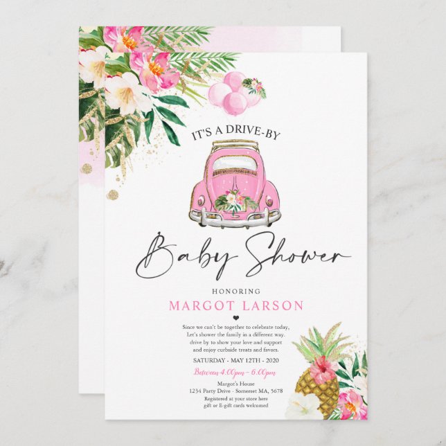 Invitation Tropical Drive By Baby shower Pineapple Drive Thru (Devant / Derrière)