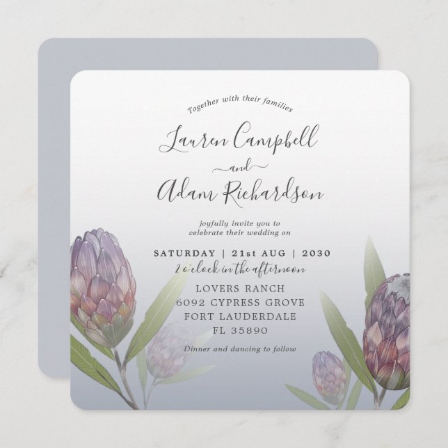 Invitation Tropical Dusty Blue & Purple Floral Mariage (Devant / Derrière)