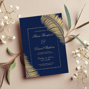 Invitation Tropical élégant marine bleu mariage feuillage
