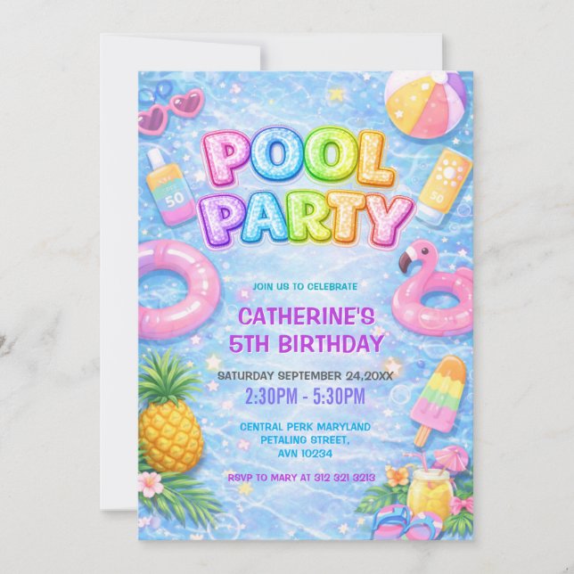 Invitation Tropical Étincelle Fun Piscine Fête Anniversaire (Devant)