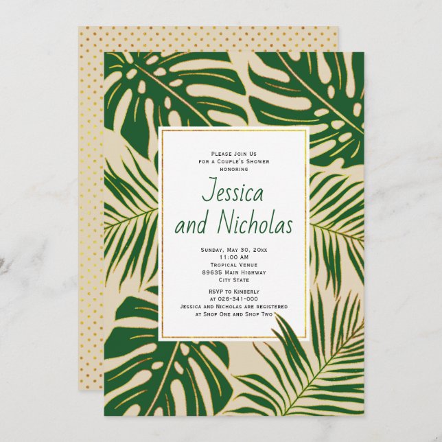 Invitation Tropical feuille beige mariage douche couple (Devant / Derrière)