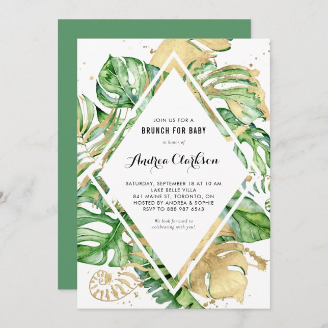 Invitation Tropical Feuille Gold Foil Brunch d'été pour bébé (Devant / Derrière)